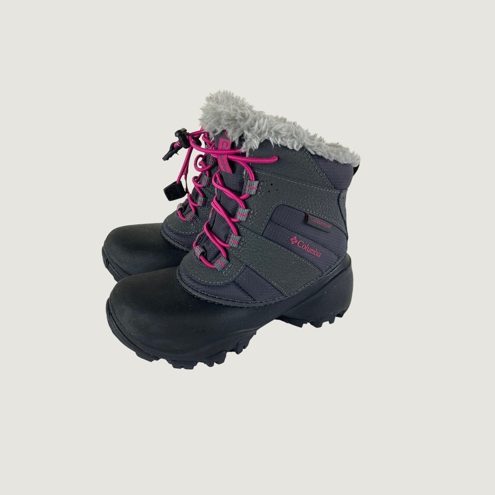 Columbia Snow Boots Kids Girls 13 Dark Grey Pink Waterproof Faux Fur Bungee